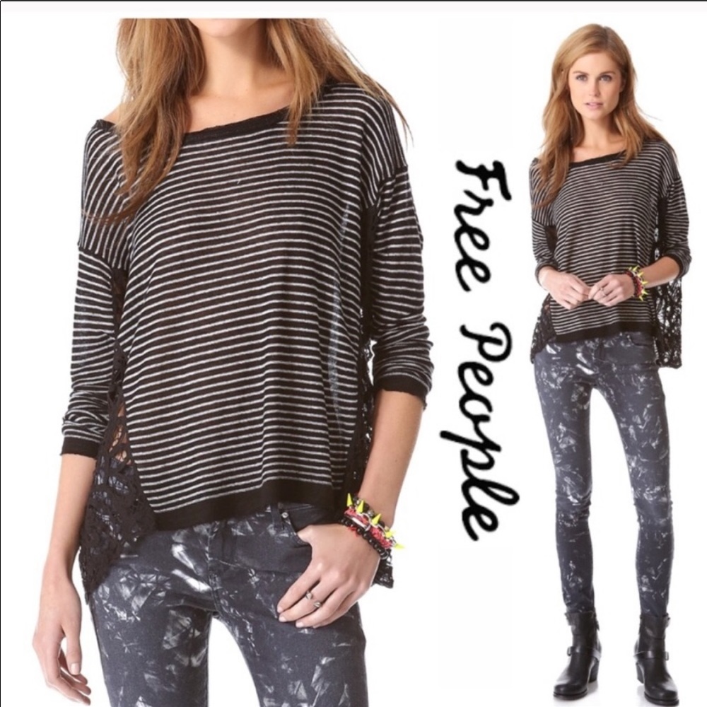 ⭐️ FREE PEOPLE Linen Blend Stripe Lace Sided Sweater